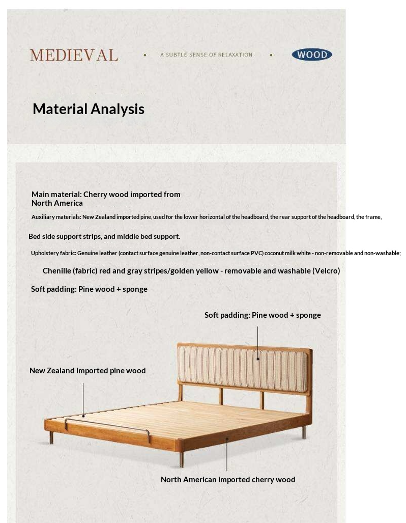 Cherry Solid Wood Bed with Modern Minimalist Design and Genuine Leather Headboard