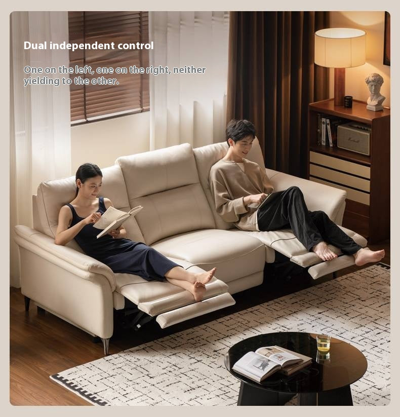 Pine Solid Wood Leather Sofa Cream Style Functional Electric