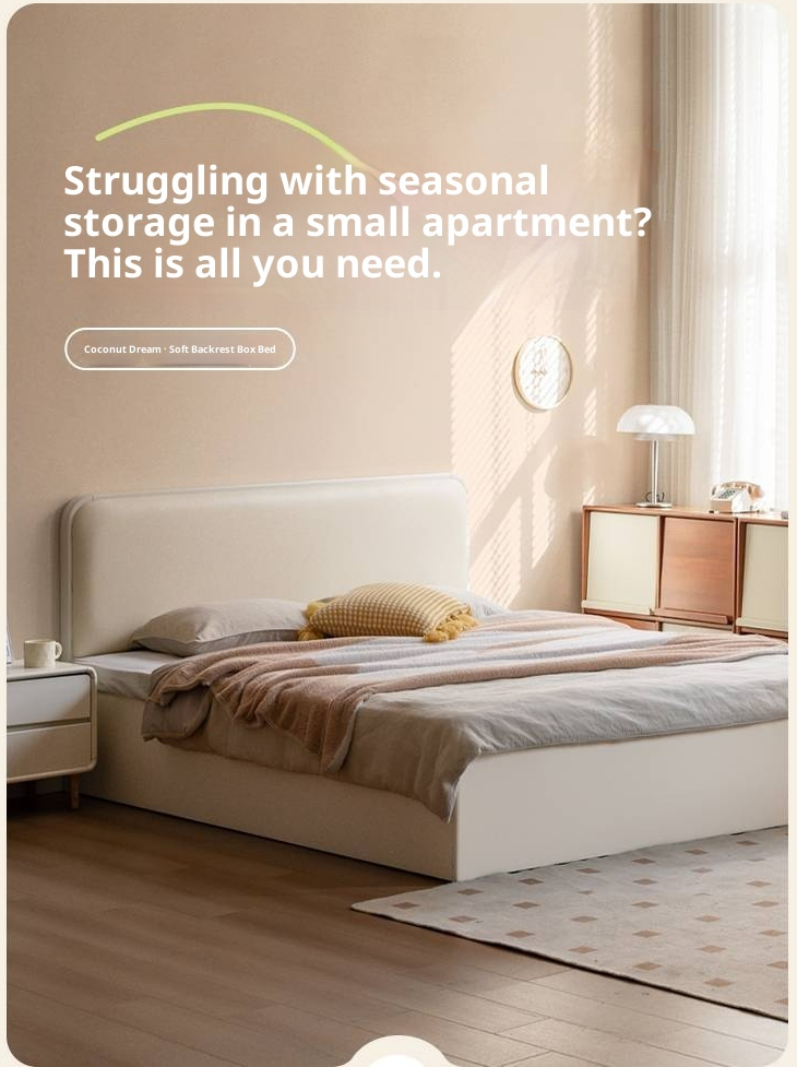 Rubberwood Solid Wood Bed Modern Minimalist Box Bed White Cream Style