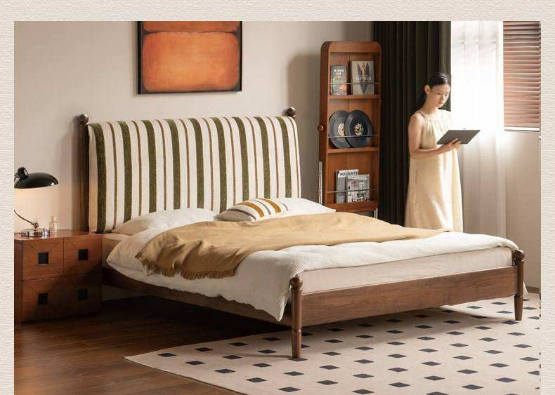 Black Walnut Solid Wood Striped Upholstered Panel Bed