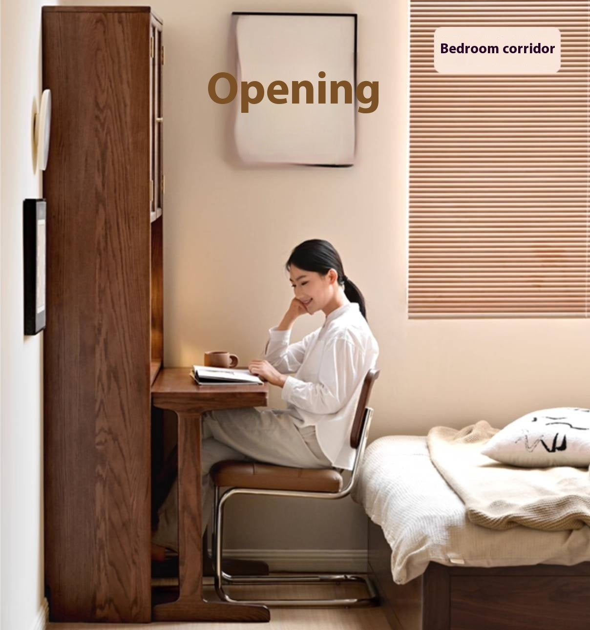 Oak, Black Walnut Solid Wood Office Desk With Integrated Bookshelf