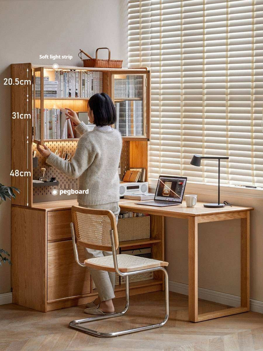 Oak Solid Wood Desk Bookcase Integrated Corner Office Table