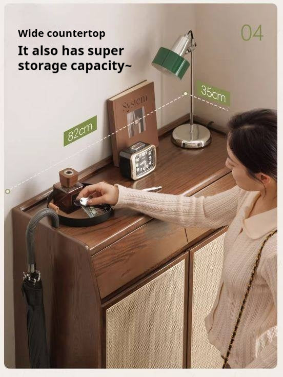 Oak Solid Wood Shoe Cabinet with Rattan Storage