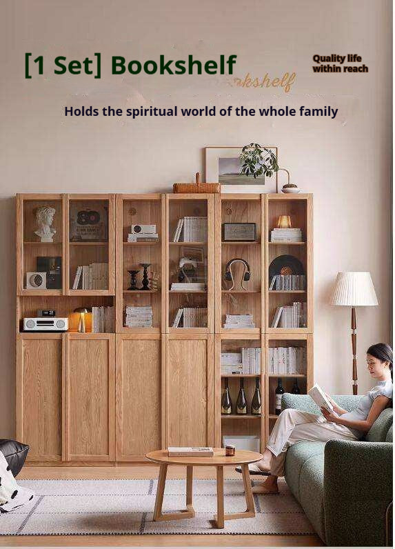 Oak Solid Wood Bookcase with Glass Doors, Large Oak Storage Cabinet for Living Room Display
