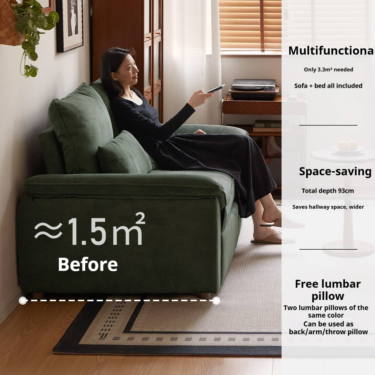 Corduroy Loveseat Sofa with Pull-Out Chaise and Adjustable Backrest