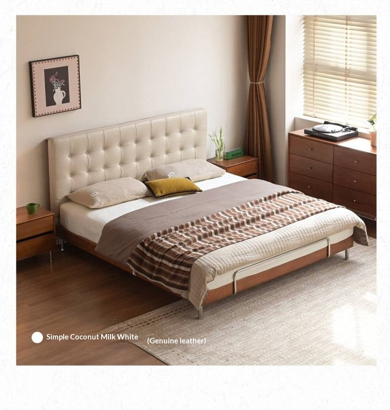 Tulipwood Solid Wood Bed — Bauhaus Style with Soft Genuine Leather Headboard