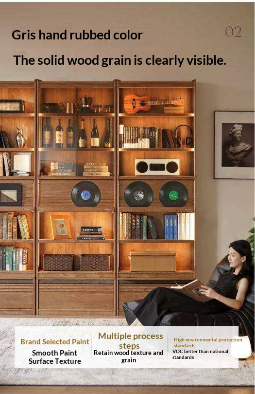 Ash Solid Wood Bookcase with Wall-Mounted Display and Storage Cabinet