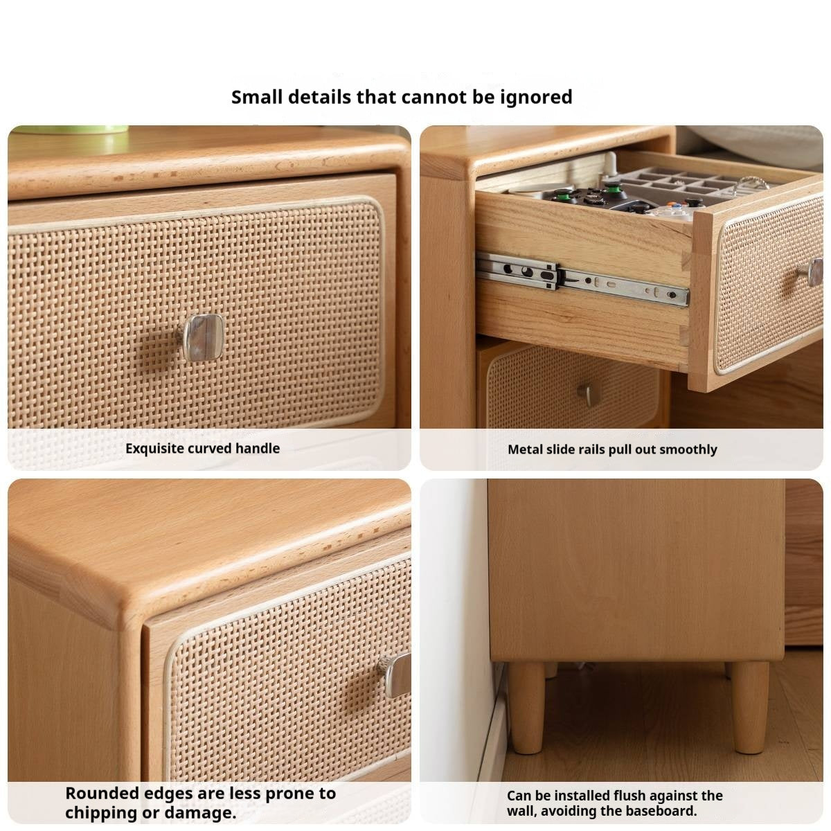 Beech Solid Wood Rattan Log Style Nightstand