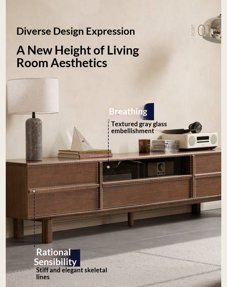 Black Walnut Solid Wood Luxury Style TV Cabinet with Slab Top and Storage