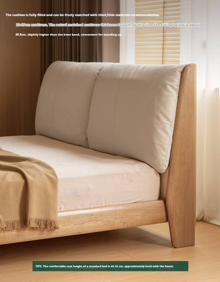 Oak Solid Wood Bed — Modern Minimalist Style with Genuine Leather and Floating Design