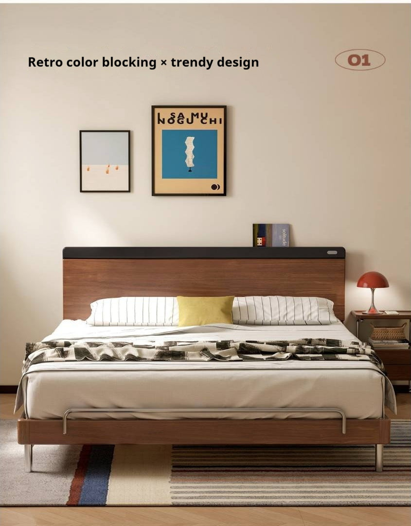Rubberwood Solid Wood Platform Bed with Metal Legs and Two-Tone Headboard