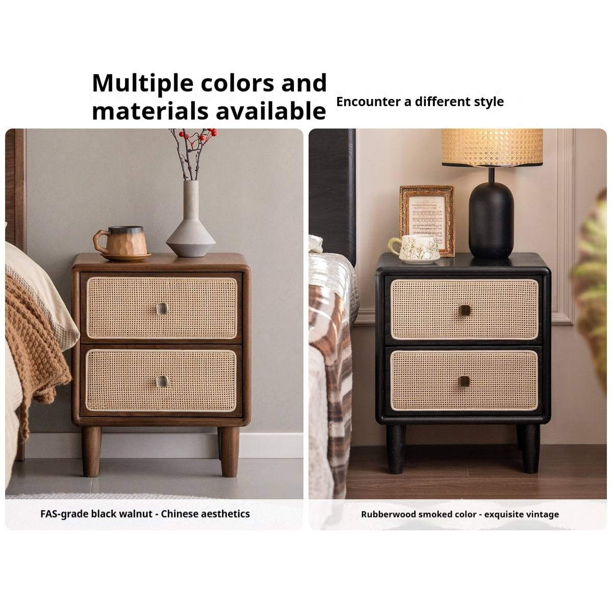 Beech Solid Wood Rattan Log Style Nightstand