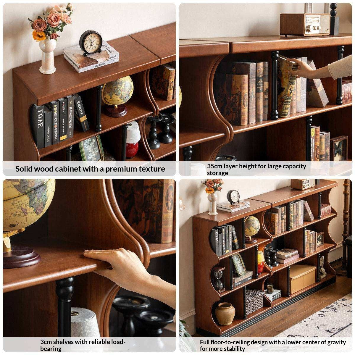 Solid RubberWood French Retro Bookcase with Storage Cabinet