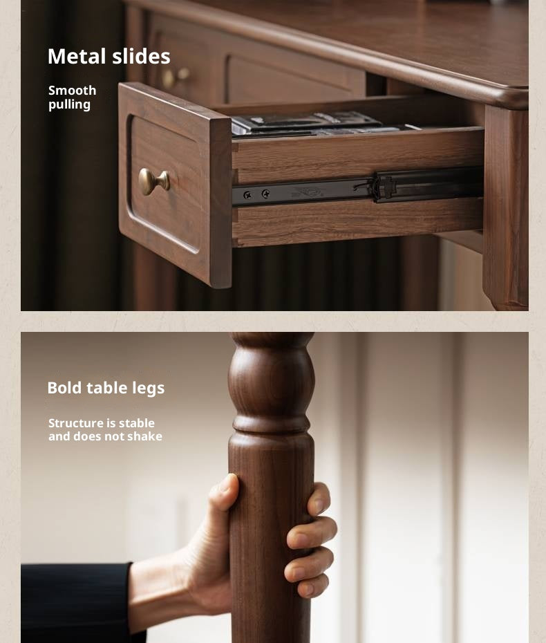 Black Walnut, Tulipwood Solid Wood Retro Style Vanity Table With Built-In Mirror