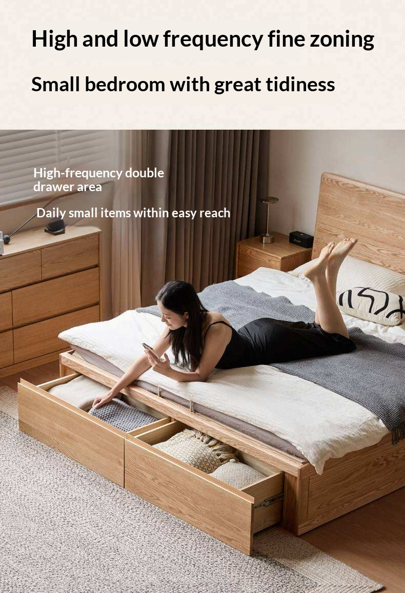 Oak Solid Wood Storage Bed with Hydraulic Lift-Up Frame and drawers