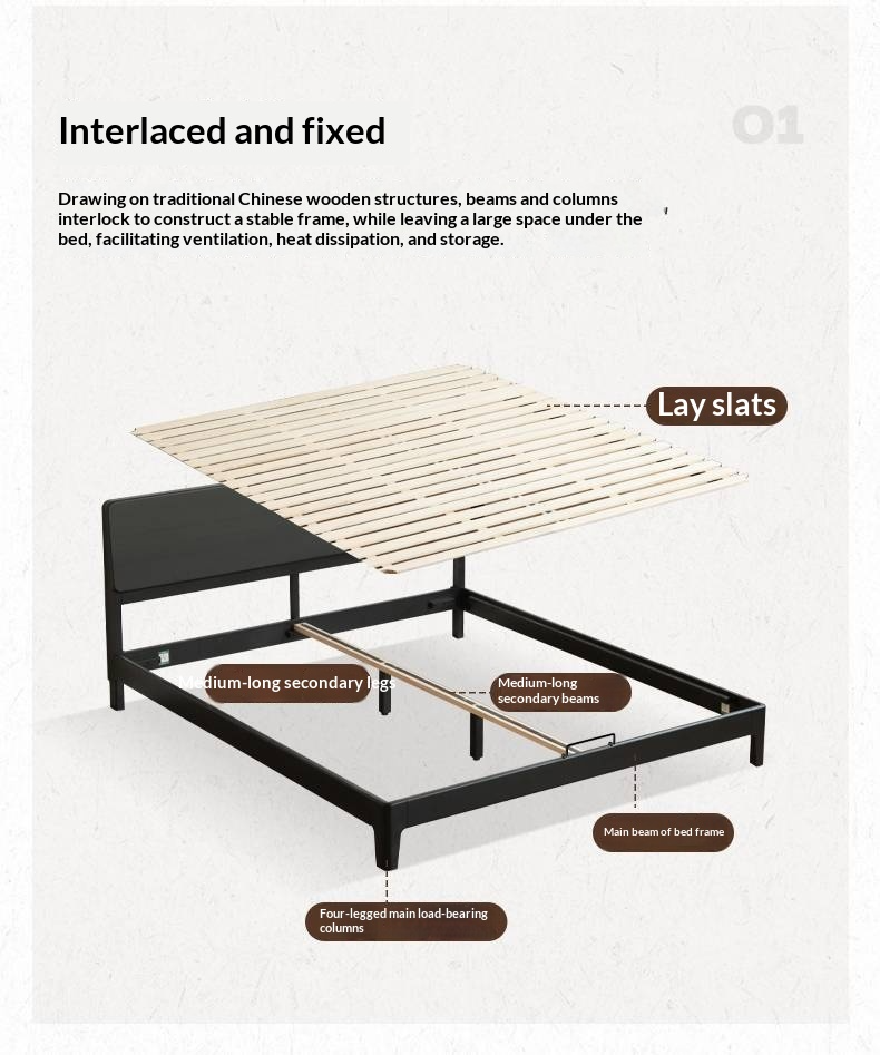 Rubberwood, Poplar Solid Wood Bed in Black — Modern Casual Edge Design