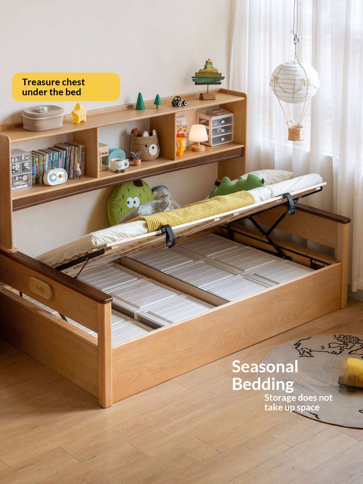 Beech Solid Wood Kids Storage Bed with Bookcase Headboard and Gas Lift Base