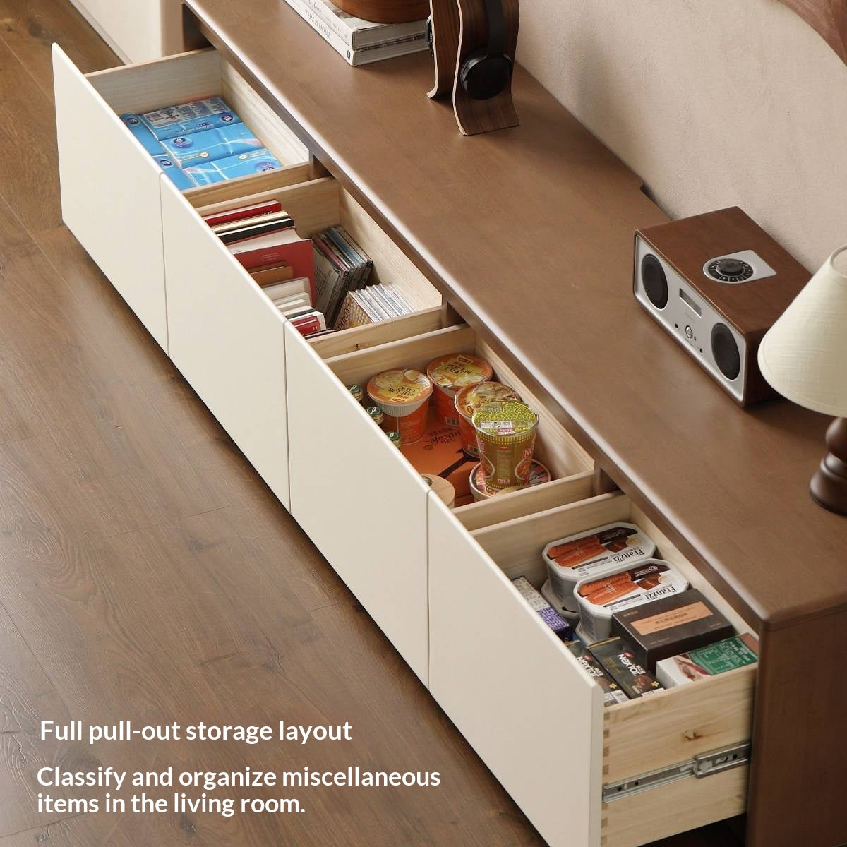 Solid RubberWood TV Console with Two-Tone Color Block Design and Full Pull-Out Drawers