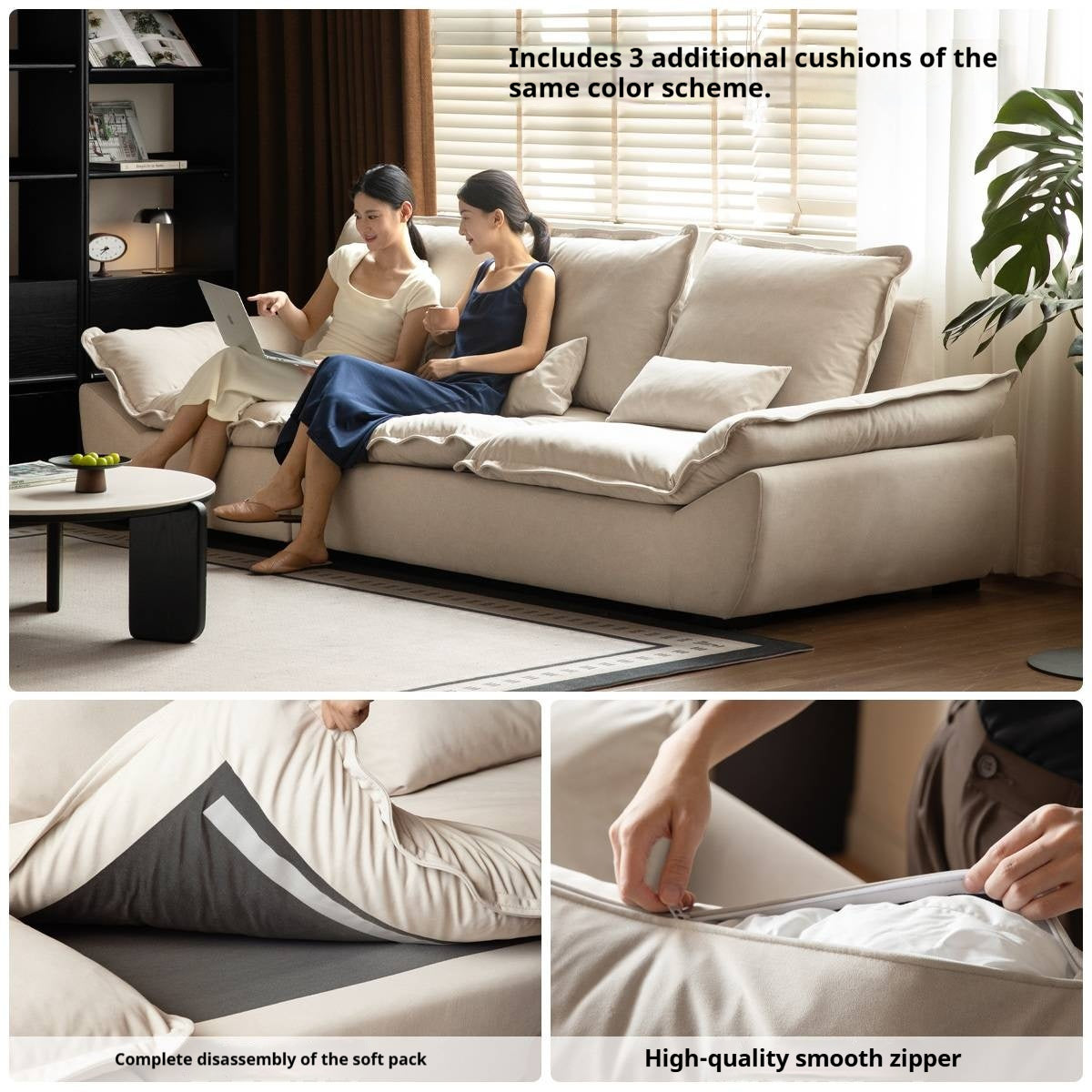Cream Style Fabric Sofa with Pet-Friendly Scratch-Resistant Fabric, Fully Removable and Washable Design