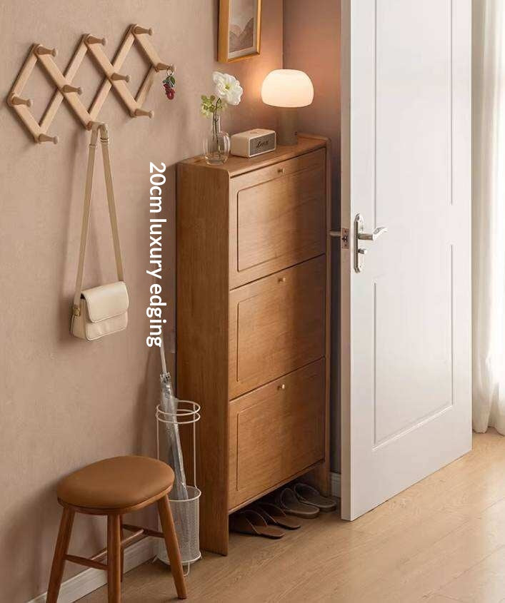 Oak Solid Wood Flip-Front Shoe Cabinet with Compact Vertical Design