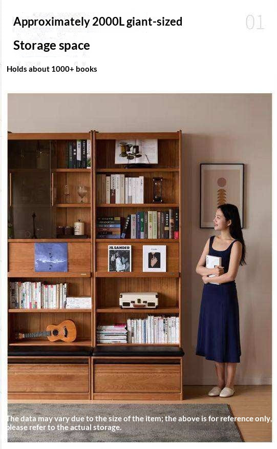 Cherry Solid Wood Bookcase with Wall Integration and Floor Storage Cabinet