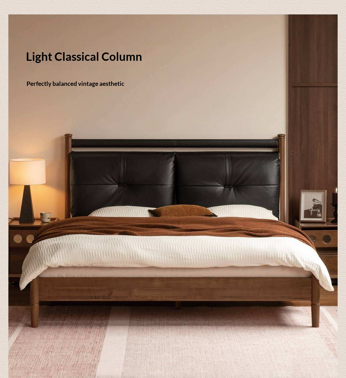 Black Walnut Solid Wood Bed with Plush Genuine Leather Cushioned Headboard