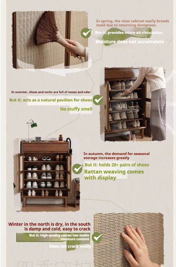 Oak Solid Wood Shoe Cabinet with Rattan Storage
