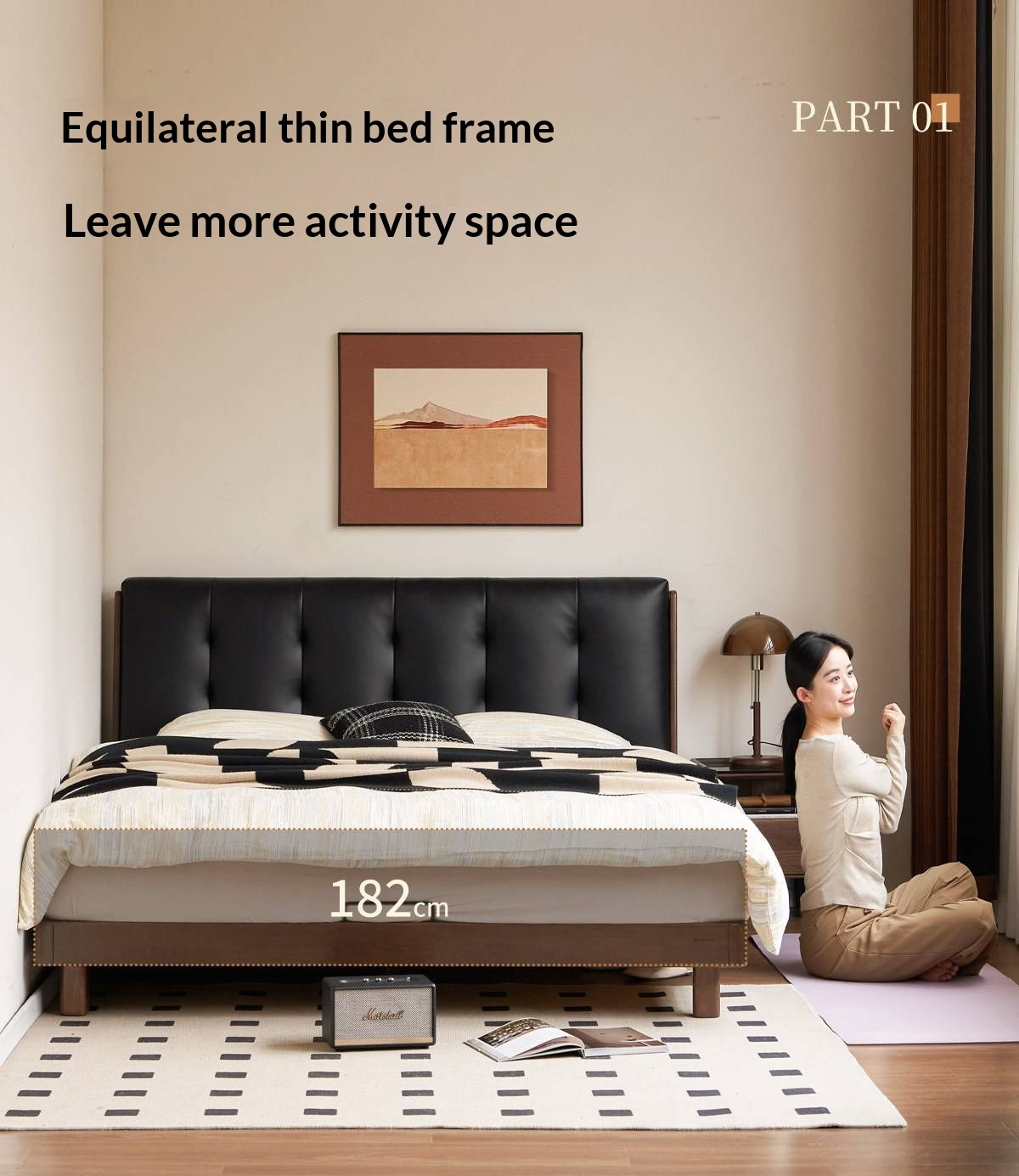 Rubberwood Solid Wood Italian Style Bed with Leather Headboard and Soft Goose Down Cushion