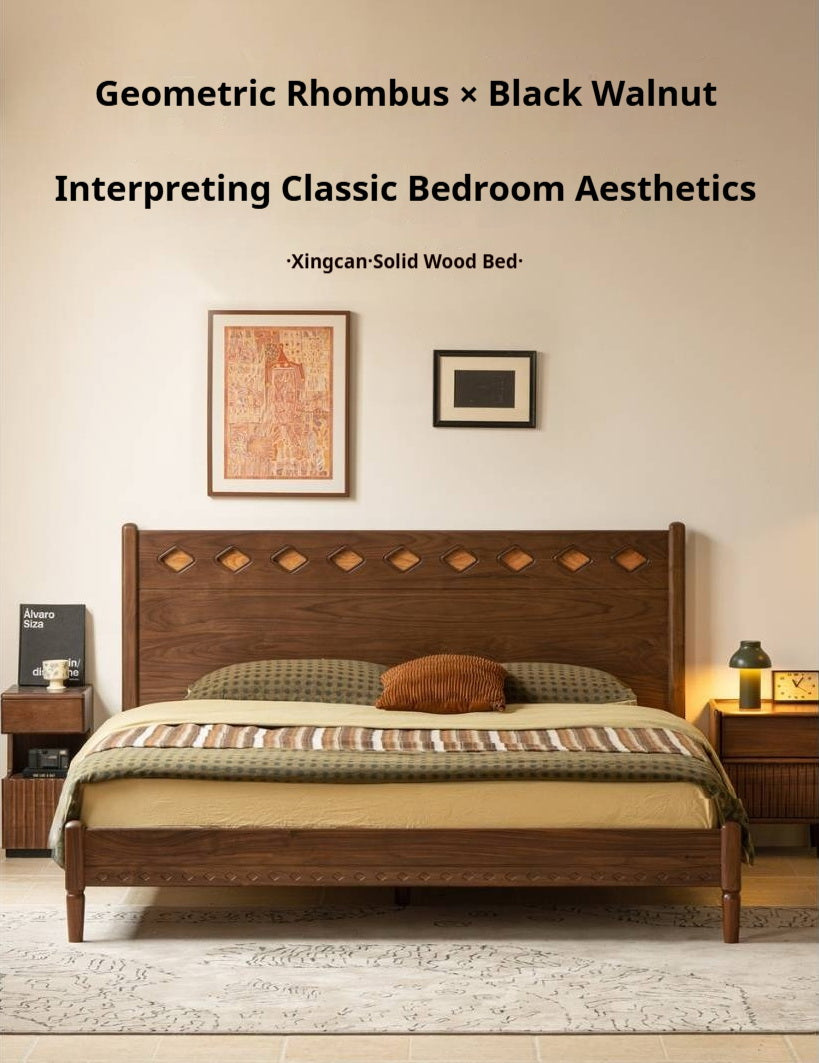 Black Walnut Solid Wood Mid-Century Classic Bed with Cherry Accent Headboard