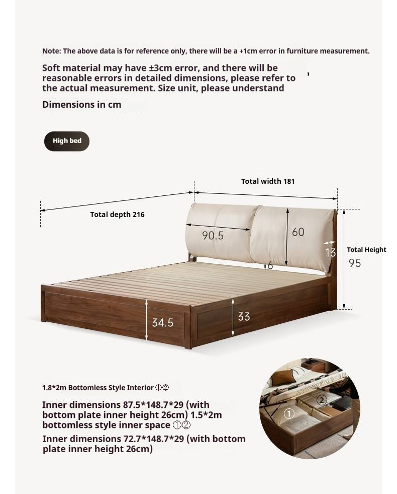 Black Walnut Solid Wood Box Bed — Luxury Genuine Leather Bed with Soft Backrest