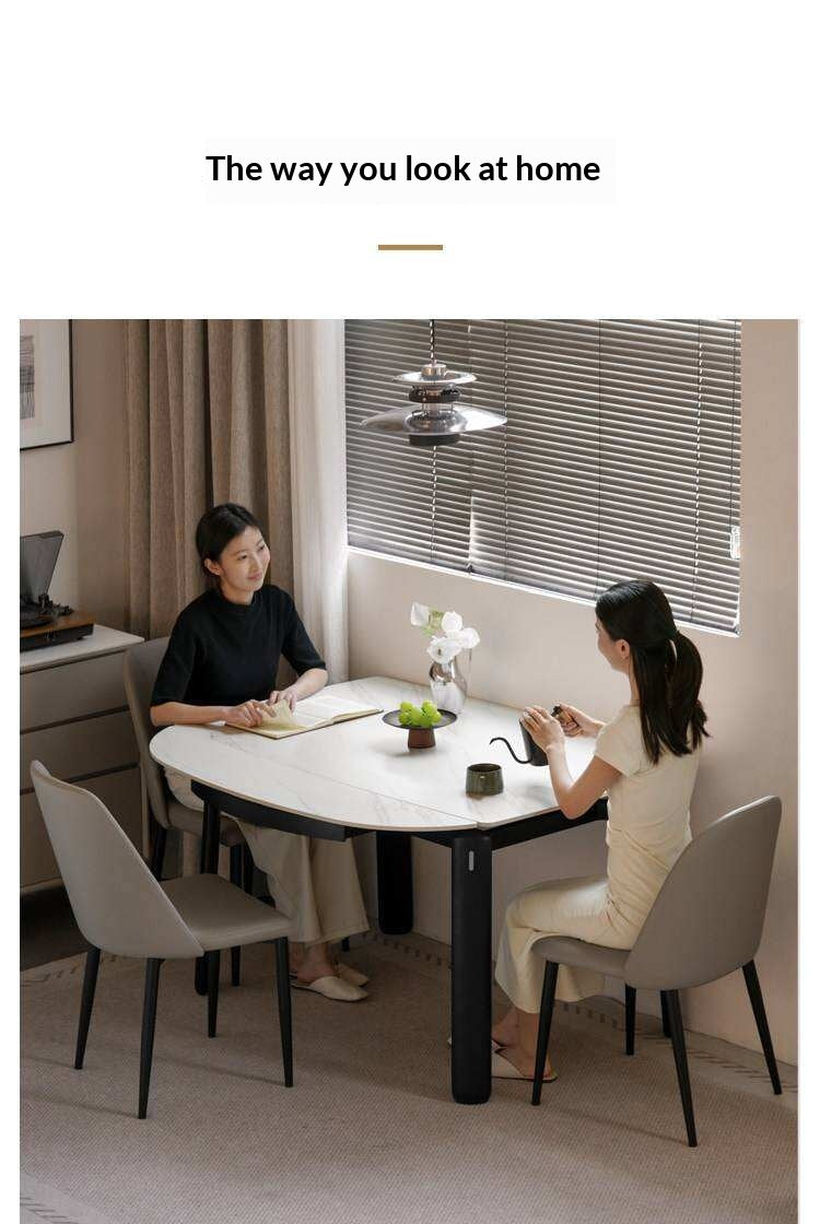 Solid RubberWood Extendable Dining Table with Marble-Look Stone Top and Rounded Corners