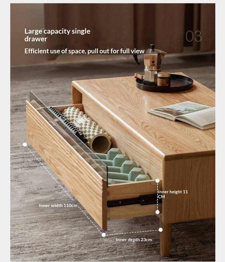 Oak Solid Wood Coffee Table with Integrated Drawer Storage