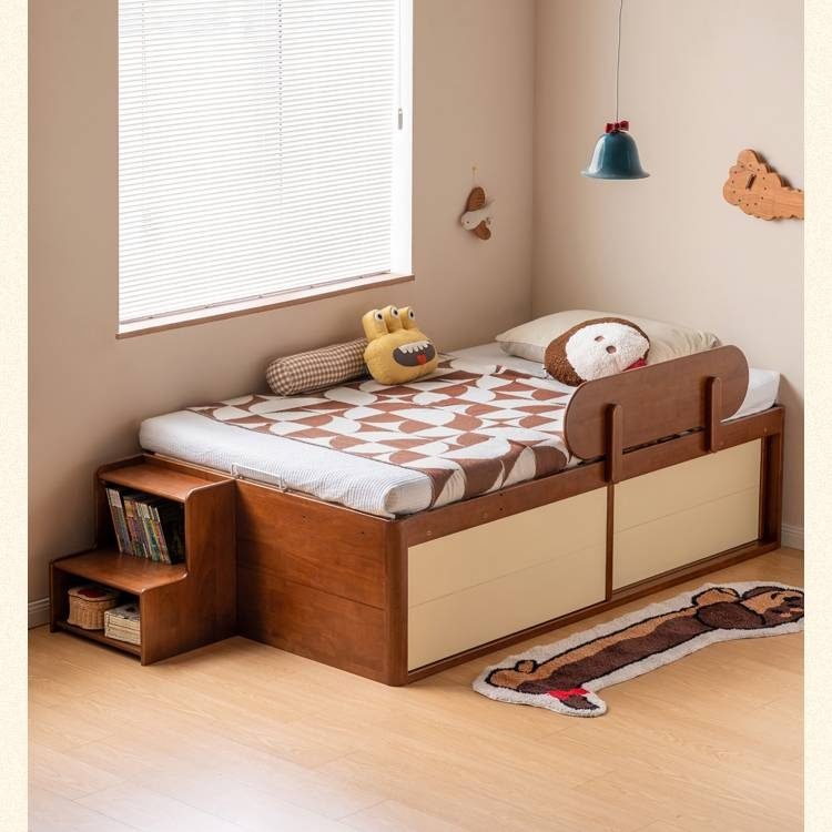 Rubberwood Solid Wood Kids’ Platform Bed and Hidden Storage
