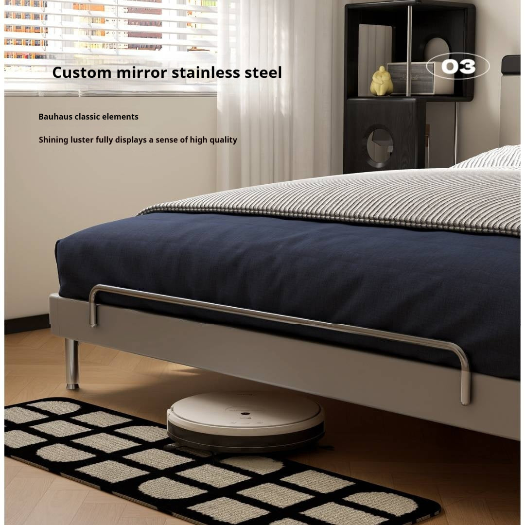Rubberwood Solid Wood Bauhaus Platform Bed with Adjustable Headboard and Stainless Steel Legs