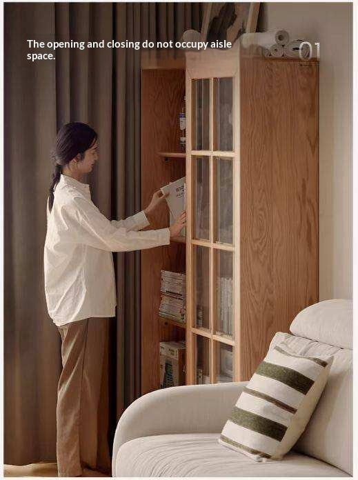 Ash Solid Wood Bookcase with Sliding Doors and Floor-to-Wall Glass Display Cabinet