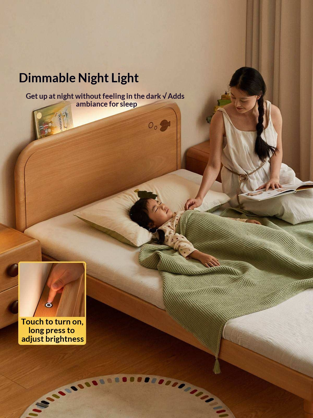 Beech Solid Wood Kids Platform Bed with Night Light