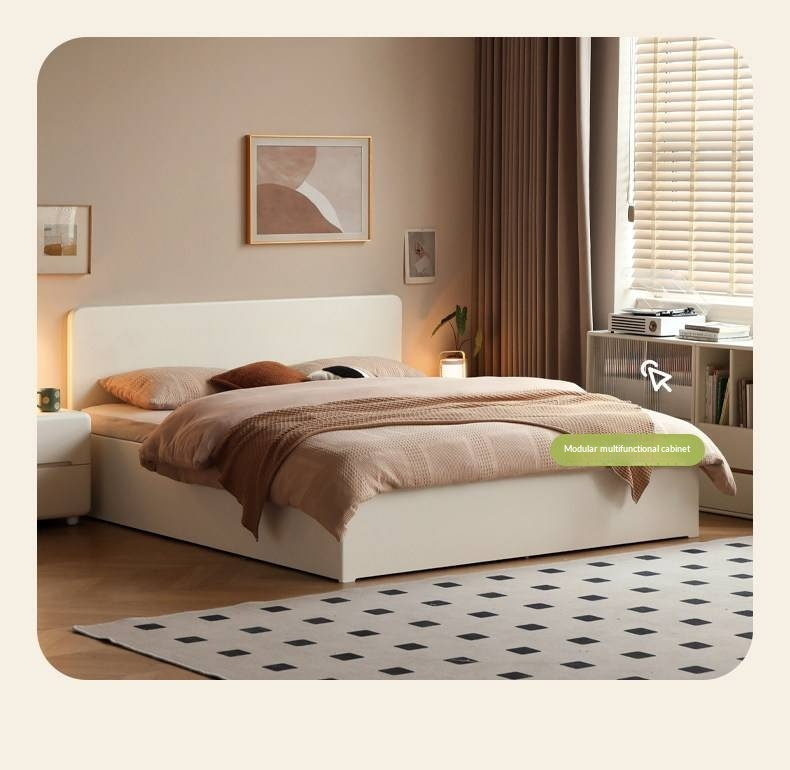 Rubberwood Solid Wood Bed — Modern Minimalist White Box Design