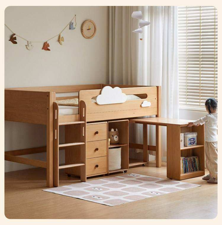 Beech Solid Wood Children's Loft Bed with Under-Table and Storage