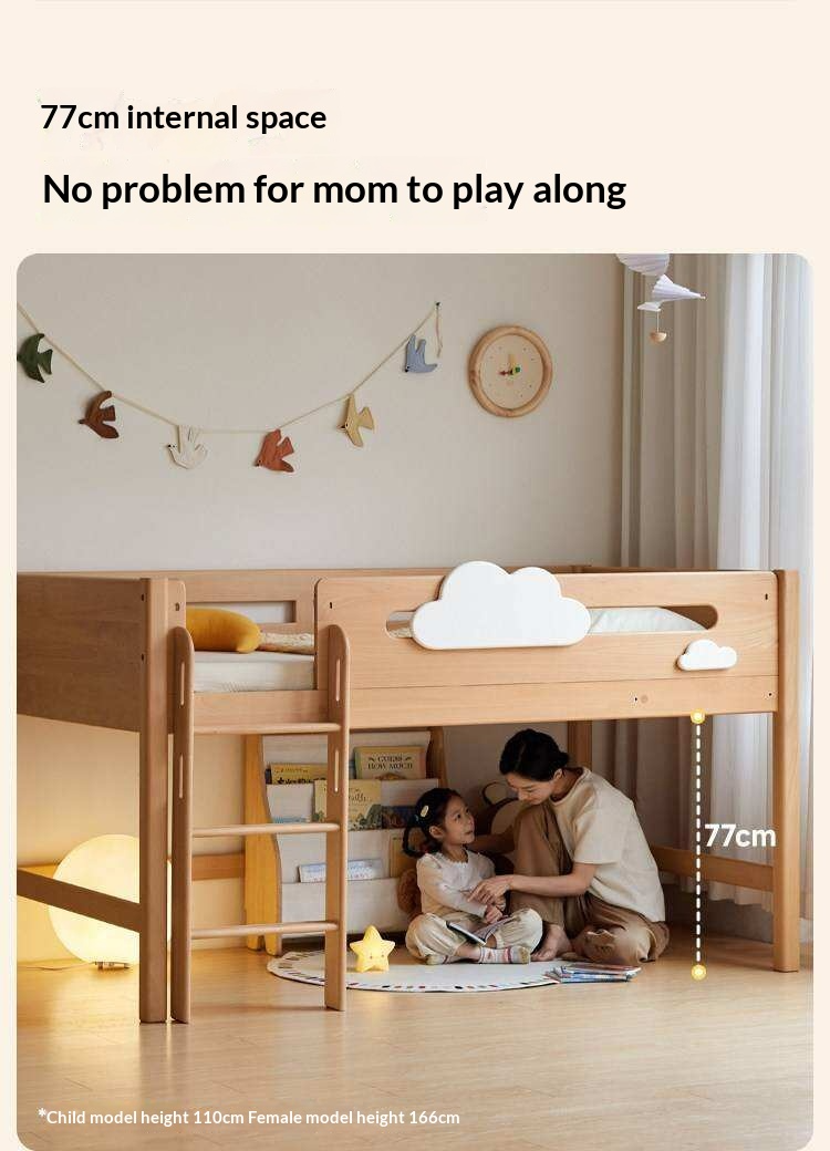 Beech Solid Wood Children's Loft Bed with Under-Table and Storage