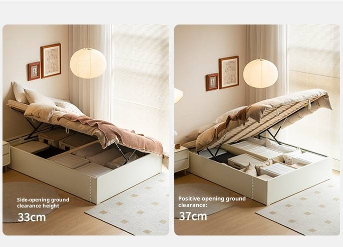 Rubberwood Solid Wood Platform Bed, Headboard-Free Box Bed Cream Style