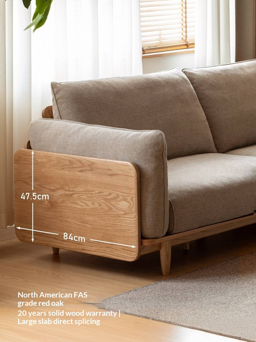 Oak, Ash Solid Wood Sofa with Exposed Wide Arms, High-Back, Genuine leather -fabric