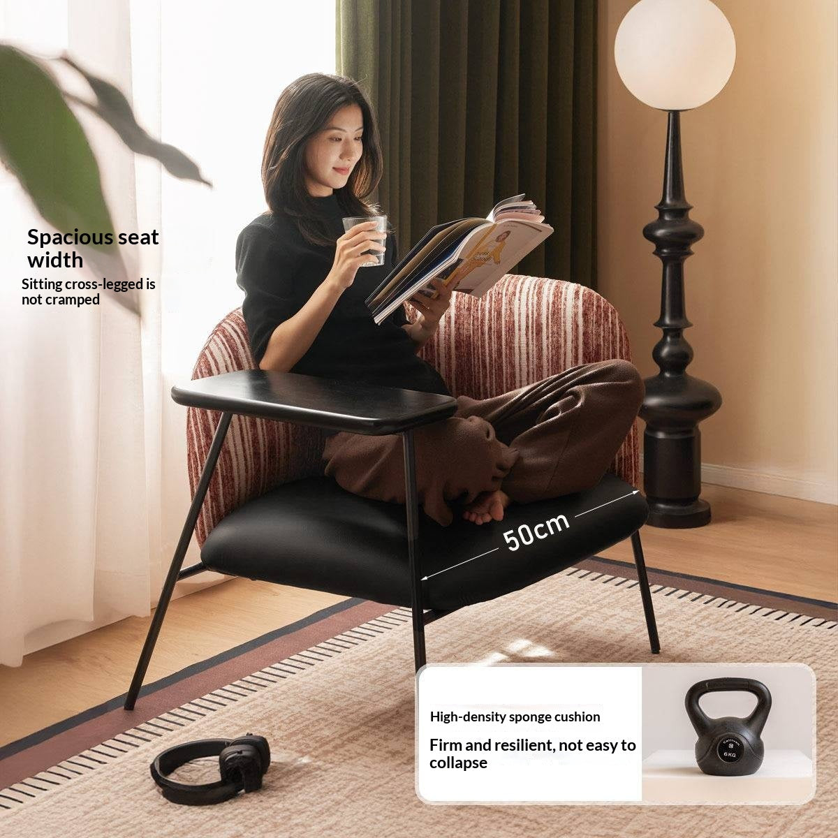 Modern Lounge Chair with Integrated Side Table, Upholstered Wraparound Accent Chair with Metal Frame