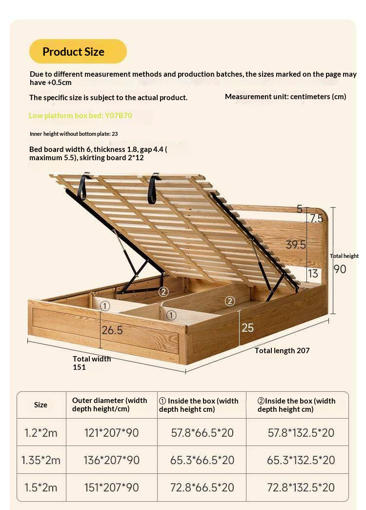 Oak, Rubberwood Solid Wood Storage Bed with Adjustable Height and Gas Lift