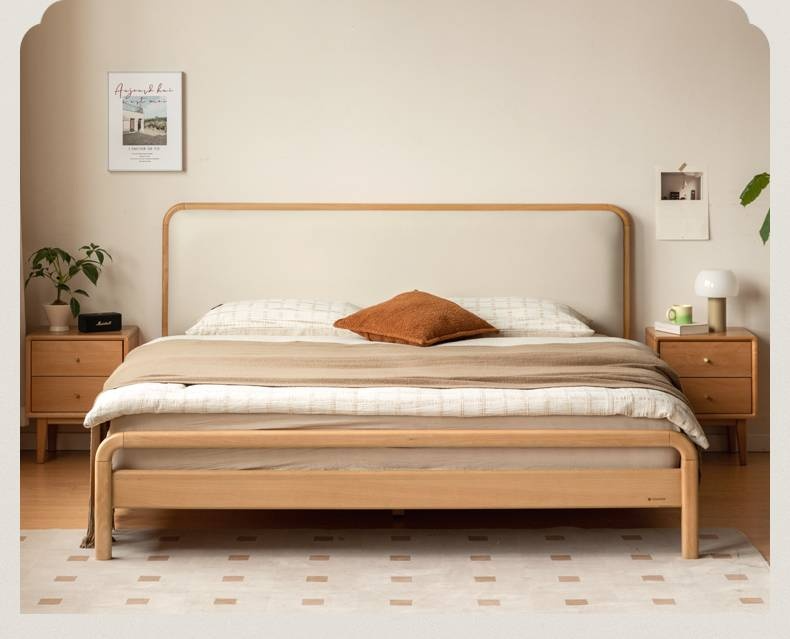 Beech Solid Wood Genuine Leather Soft Headboard Bed