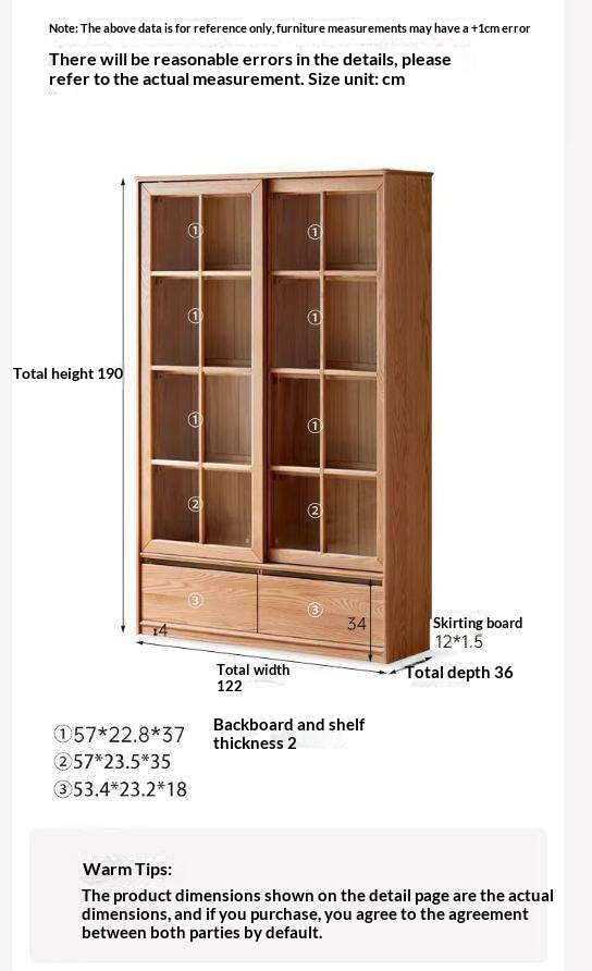 Ash Solid Wood Bookcase with Sliding Doors and Floor-to-Wall Glass Display Cabinet