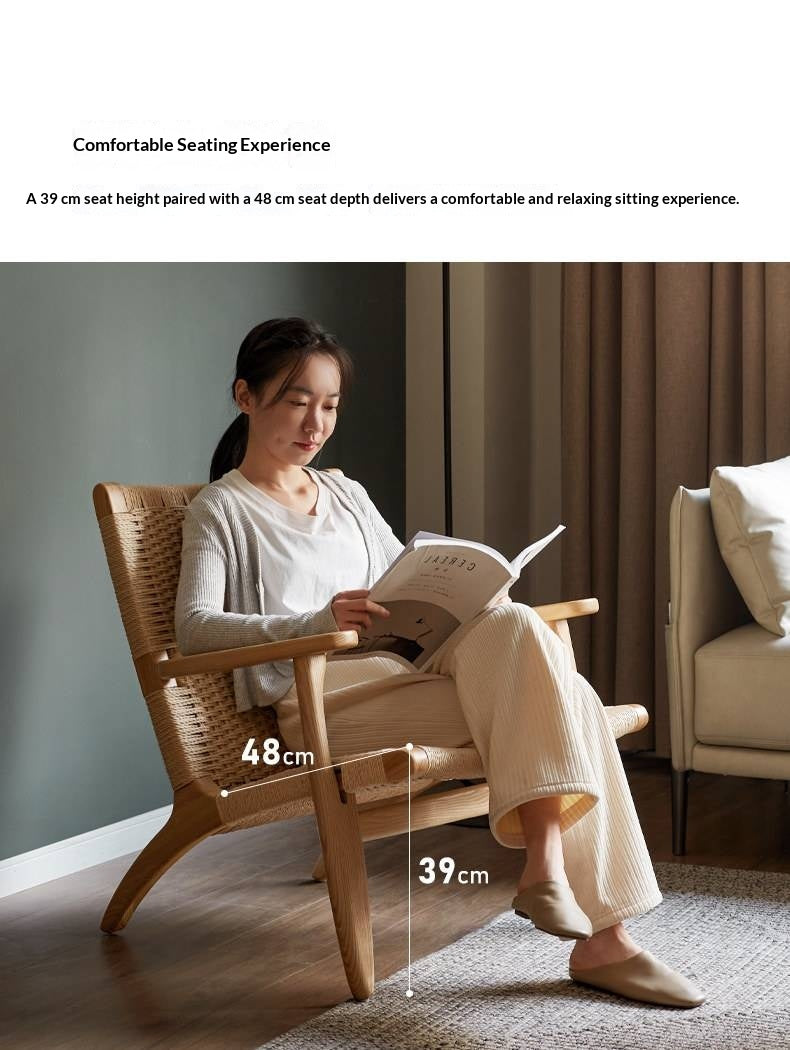 Ash Solid Wood Woven Rope Lounge Chair with Backrest