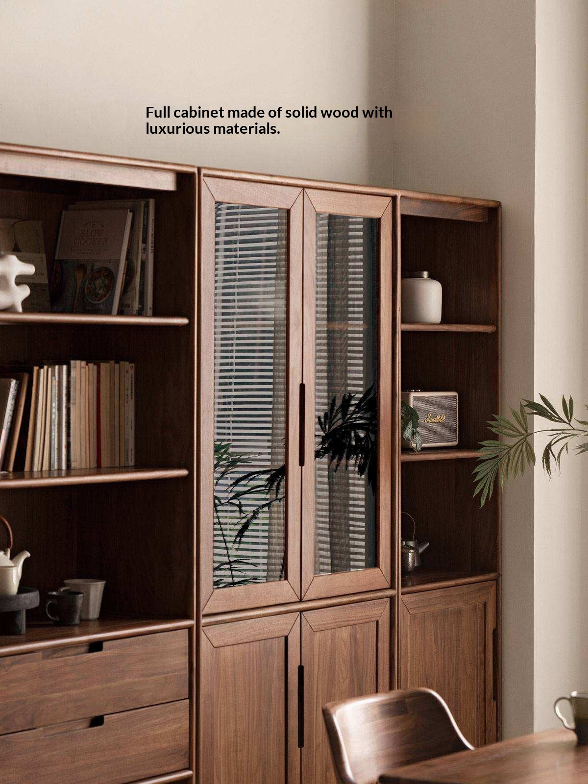 Black Walnut, Ash Solid Wood Combination Dust-Proof Glass Door Bookshelf