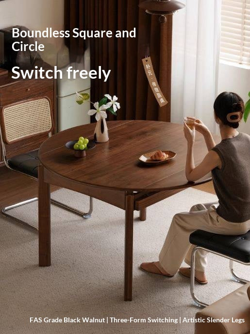 Black Walnut Solid Wood Retractable Round Dining Table