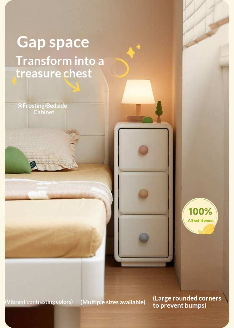 Solid Rubberwood, Beech Solid Wood Cream Style Ultra-narrow Children's Nightstand