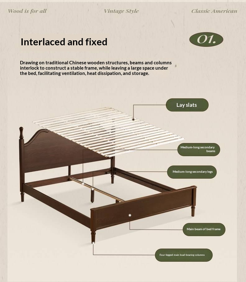 Ash Solid Wood Bed — American Retro Style